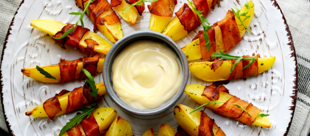 Bacon Wrapped Sweet Potato Wedges with Chilli Lime Mayo