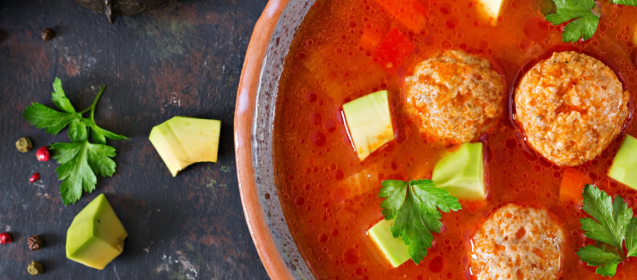 Roasted Red Pepper, Avocado and Sausage Soup